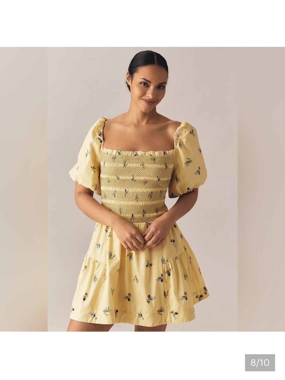Anthropologie Puff Sleeve Square neck Smocked Mini Dress Large Yellow NWT - Picture 9 of 9